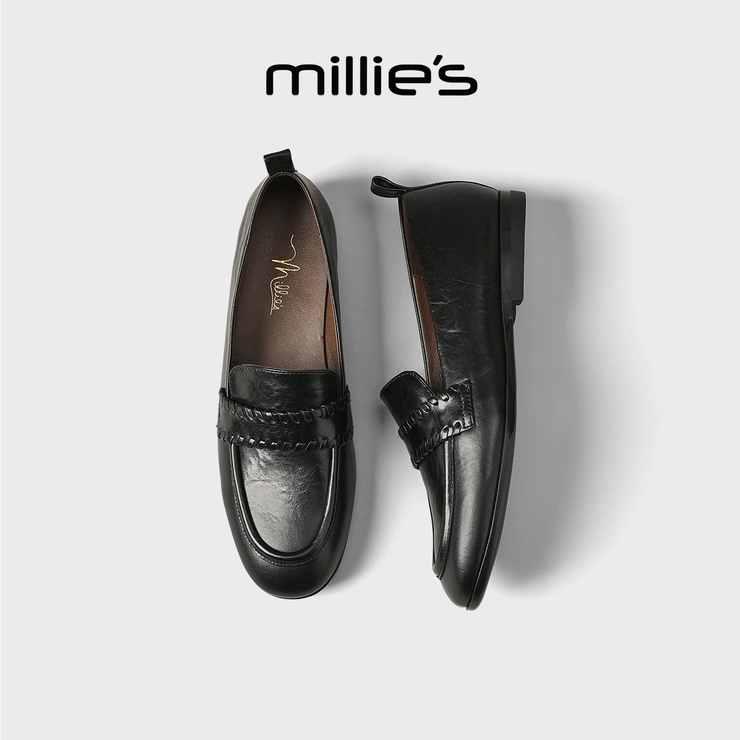 MILLIE'S/妙丽真皮平底乐福鞋女春季黑色一脚蹬通勤复古风豆豆鞋,淘宝优惠券,粉丝福利购,淘宝优惠卷