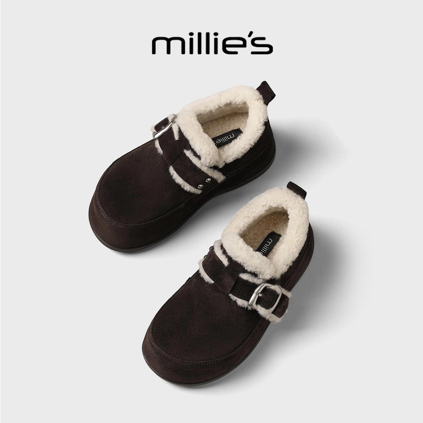 MILLIE'S/妙丽毛绒全包勃肯鞋女鞋冬季厚底加绒保暖休闲外穿棉鞋 - 图2