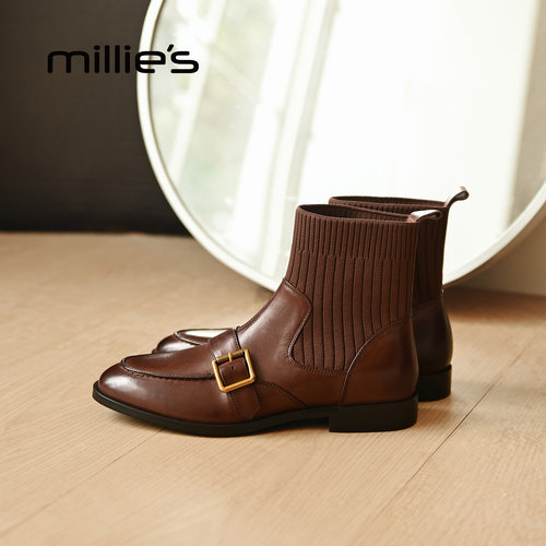 MILLIE'S/妙丽老钱风皮带扣弹力短靴女2026春季棕色针织袜靴女靴 - 图3