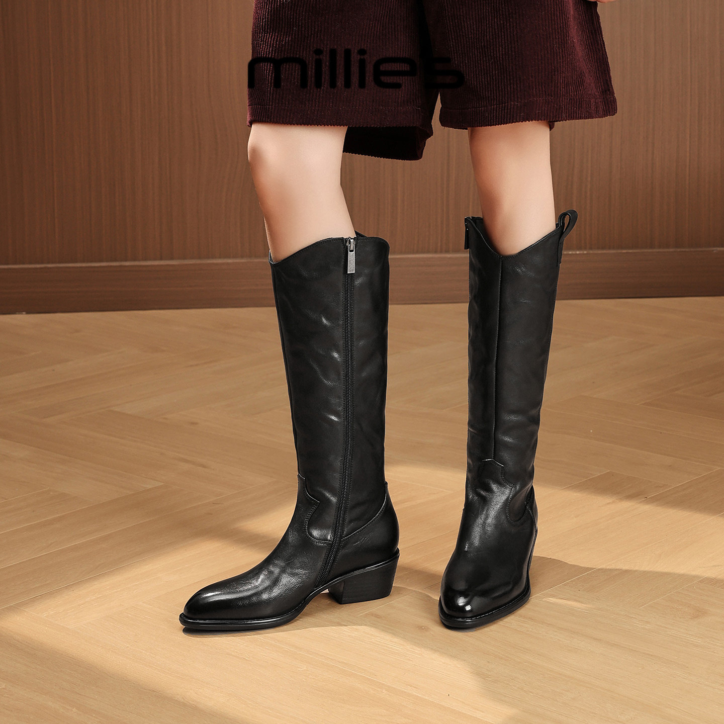 MILLIE'S/妙丽复古黑色高筒骑士靴女2025新款冬季加绒粗跟长筒靴,淘宝优惠券,粉丝福利购,淘宝优惠卷