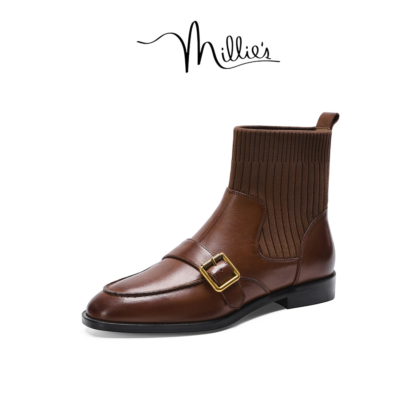 MILLIE'S/妙丽真皮弹力短靴女款加绒棕色皮带扣粗跟瘦瘦靴袜靴女,淘宝优惠券,粉丝福利购,淘宝优惠卷