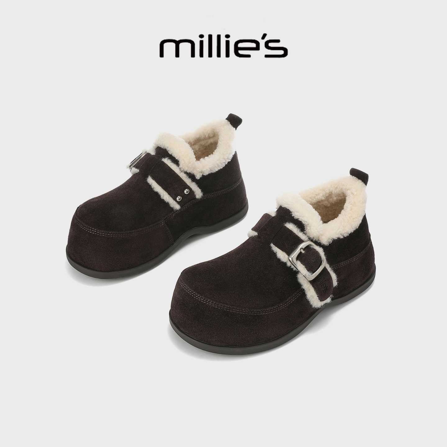MILLIE'S/妙丽毛绒全包勃肯鞋女鞋冬季厚底加绒保暖休闲外穿棉鞋 - 图3