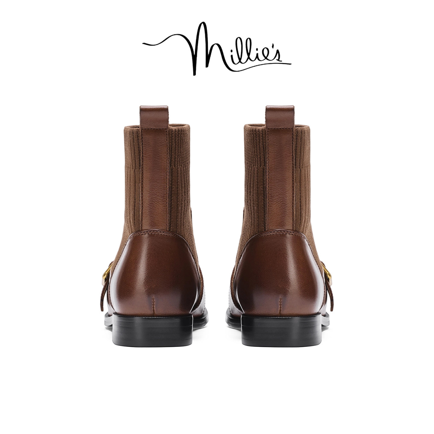 MILLIE'S/妙丽真皮弹力短靴女款加绒棕色皮带扣粗跟瘦瘦靴袜靴女,淘宝优惠券,粉丝福利购,淘宝优惠卷