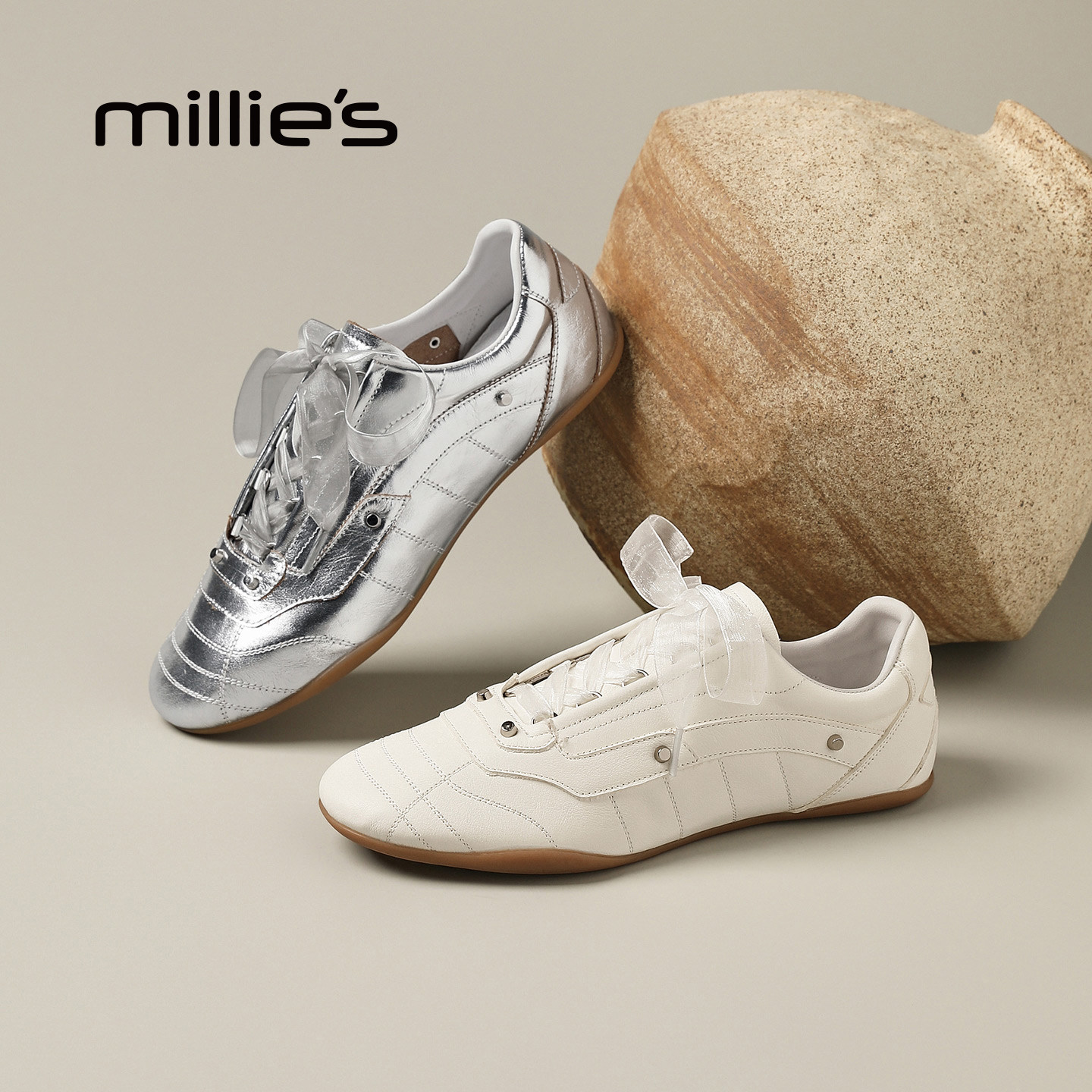 MILLIE'S妙丽银色芭蕾风平底单鞋女真皮百搭休闲鞋,淘宝优惠券,粉丝福利购,淘宝优惠卷