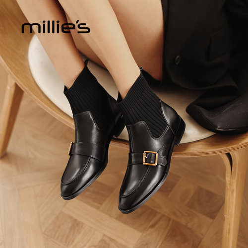 MILLIE'S/妙丽老钱风皮带扣弹力短靴女2026春季棕色针织袜靴女靴 - 图2