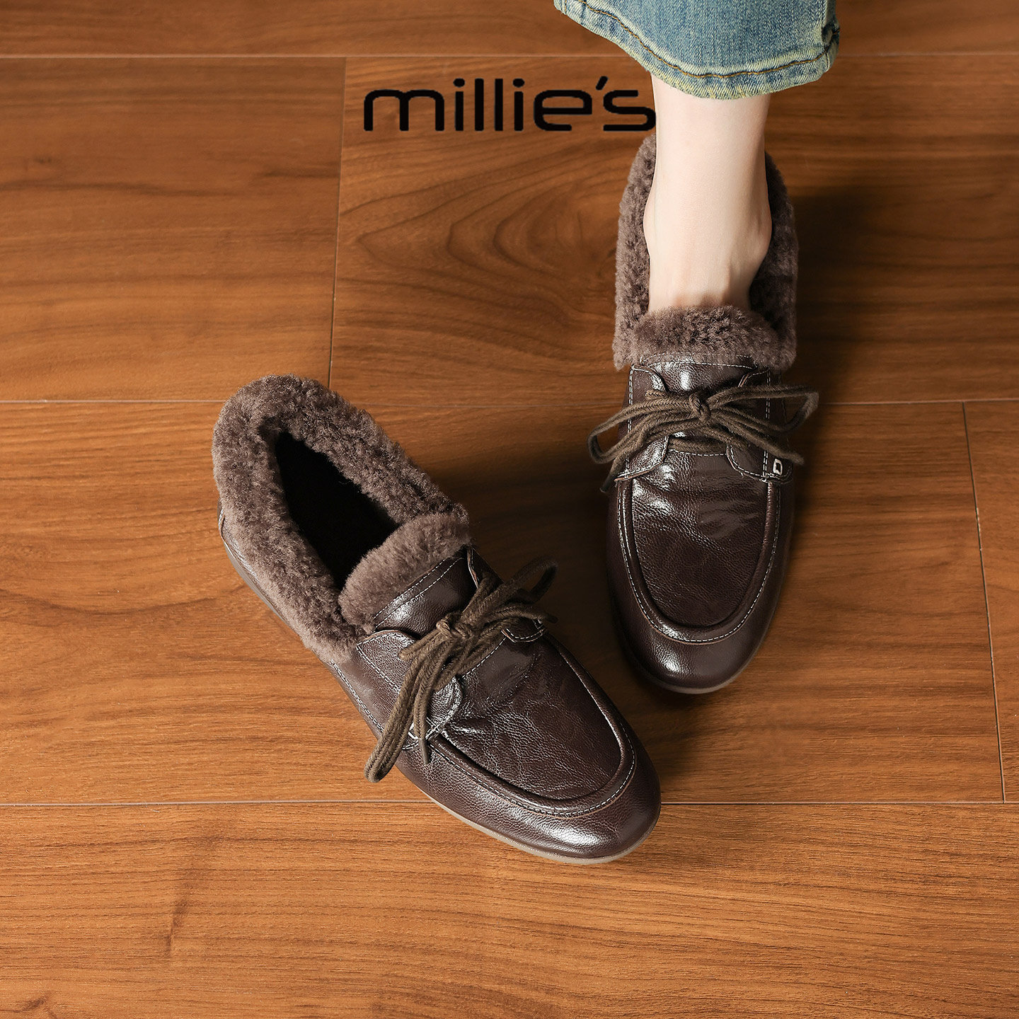 MILLIE'S/妙丽小皮鞋女2025新款冬季加绒保暖毛毛棉鞋乐福豆豆鞋,淘宝优惠券,粉丝福利购,淘宝优惠卷