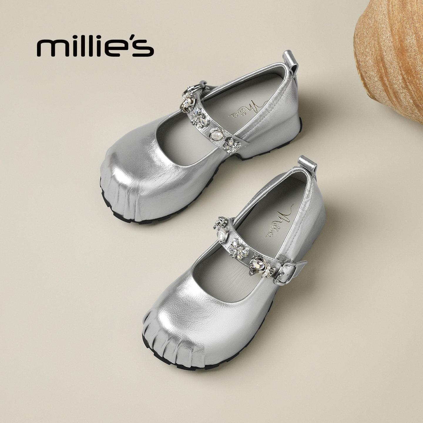 MILLIE'S/妙丽法式银色圆头玛丽珍鞋女春季新款一字扣带浅口单鞋,淘宝优惠券,粉丝福利购,淘宝优惠卷