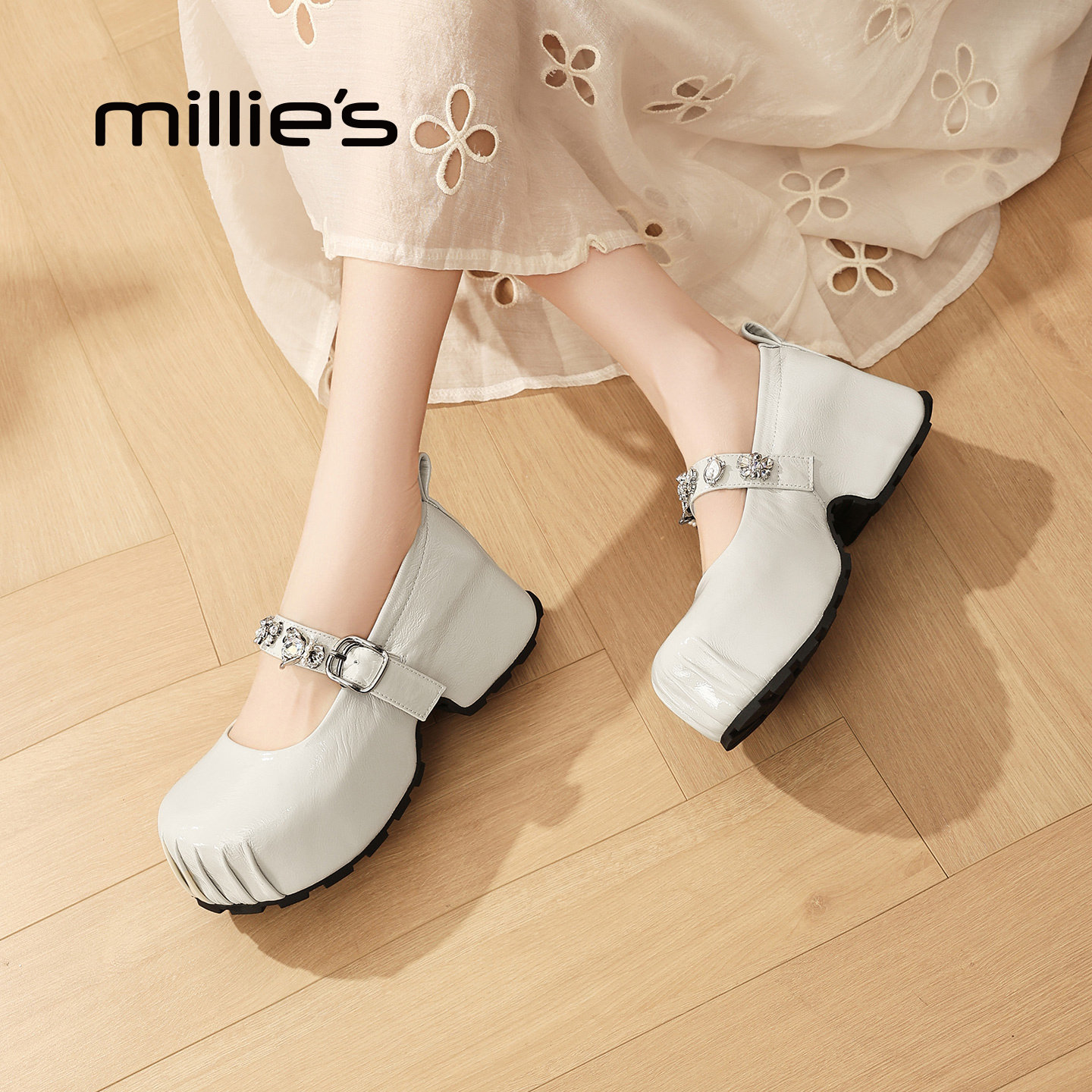 MILLIE'S/妙丽法式玛丽珍鞋女2026春季新款增高女鞋水钻浅口单鞋,淘宝优惠券,粉丝福利购,淘宝优惠卷