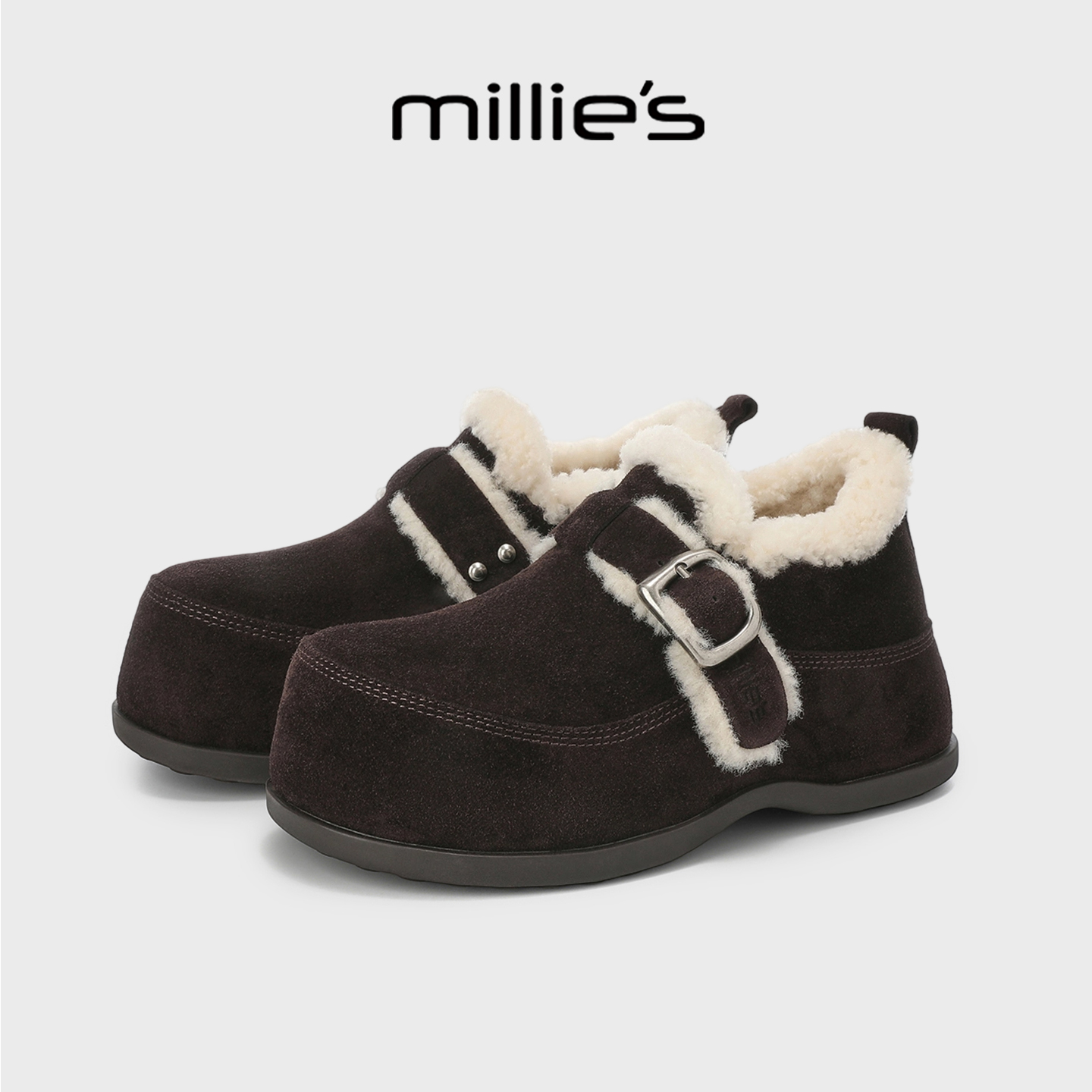 MILLIE'S/妙丽毛绒全包勃肯鞋女鞋冬季厚底加绒保暖休闲外穿棉鞋 - 图0