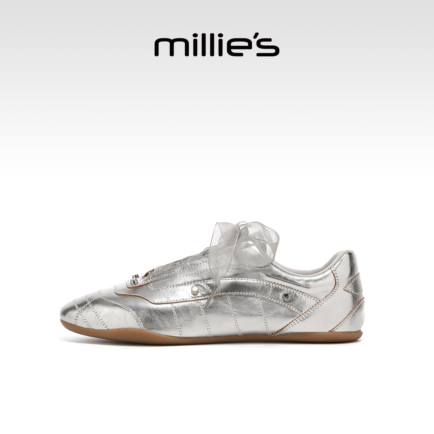 MILLIE'S妙丽银色芭蕾风平底单鞋女真皮百搭休闲鞋,淘宝优惠券,粉丝福利购,淘宝优惠卷