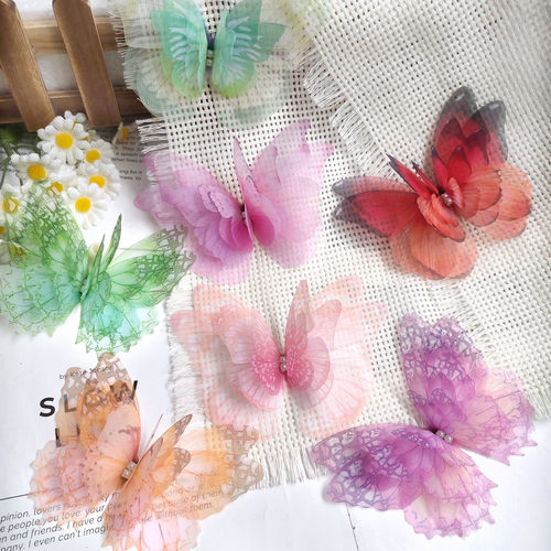 10厘米多层立体薄纱蝴蝶戒指蝴蝶别针窗帘装饰发夹小饰品手工配件 - 图2