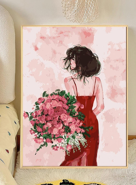 ins高级感捧花少女数字油画