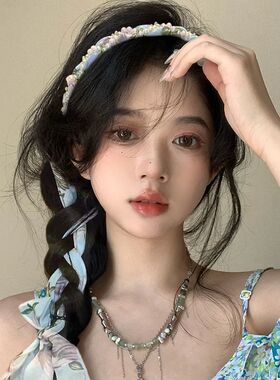 碎花丝巾发带女夏季珍珠长条飘带编发头箍2025新款绑发一体压发箍