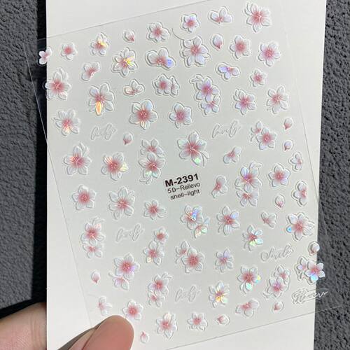 纯欲贝壳光樱花桃花美甲贴纸浮雕清透山茶花立体五瓣花指甲贴装饰 - 图1
