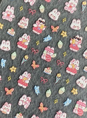 可爱郁金香蝴蝶结小兔子美甲贴纸