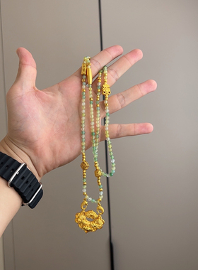 古法鉴刻锦鲤如意锁碧绿圆珠项链2024年新款古典气质平安锁毛衣款