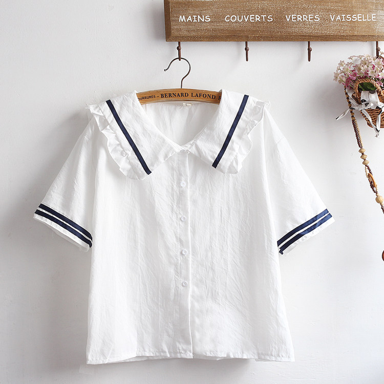 13夏装软妹初中生上衣14 15岁高中学生 海军风短袖娃娃领衬衫套装,淘宝优惠券,粉丝福利购,淘宝优惠卷