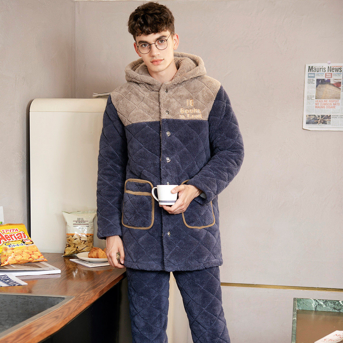 芬腾男士加厚连帽北极绒超厚睡衣 芬腾润诚睡衣/家居服套装