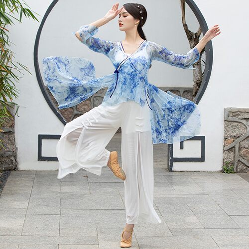 妹姿彩古典舞身韵纱衣练功服装女飘逸中国民族蹈仙气宽松长款上衣 - 图1