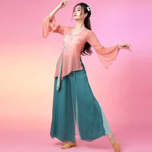 古典舞蹈女飘逸纱衣身韵练功服装新款短款上衣中国风民族表演出套 - 图2