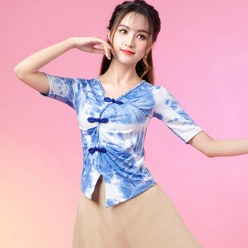 古典舞练功服装女新款身韵扎染上衣中国民族现代舞蹈训练修身短袖 - 图2