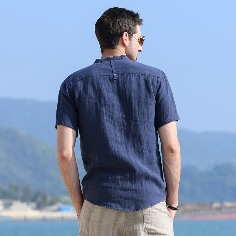 汉絮夏装立领亚麻短袖男士纯色衬衫 汉絮衬衫
