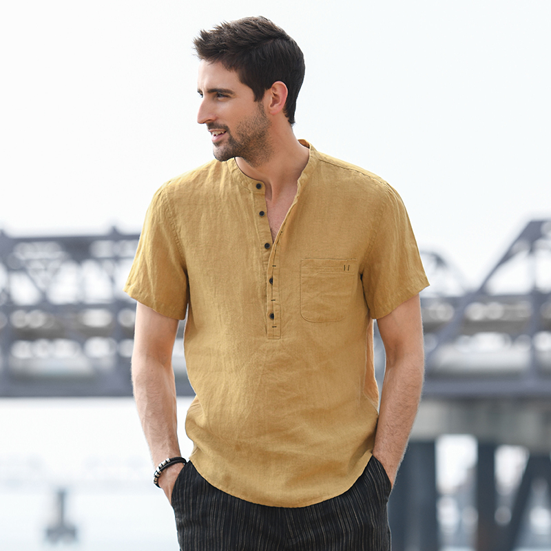 汉絮夏装立领亚麻短袖男士纯色衬衫 汉絮衬衫