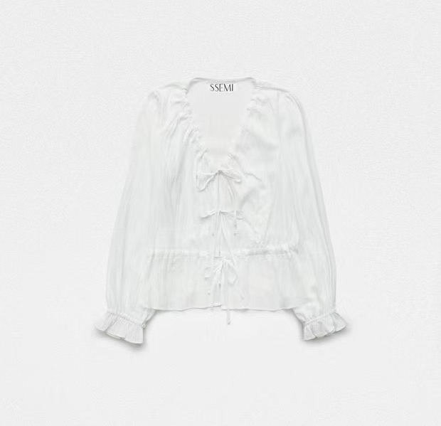 现货 SSEMI 韩素希同款系带荷叶边V领抽绳收腰短款长袖衬衫上衣女 - 图3