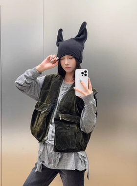 不对称耳朵冷帽可塑形针织帽女