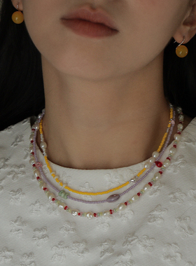 est studio原创设计彩色米珠珍珠串珠项链女小众时髦锁骨链叠戴