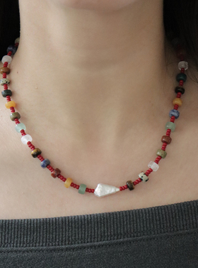 est原创复古天然石红米珠项链