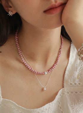 原创小众复古粉色花生珠串珠项链