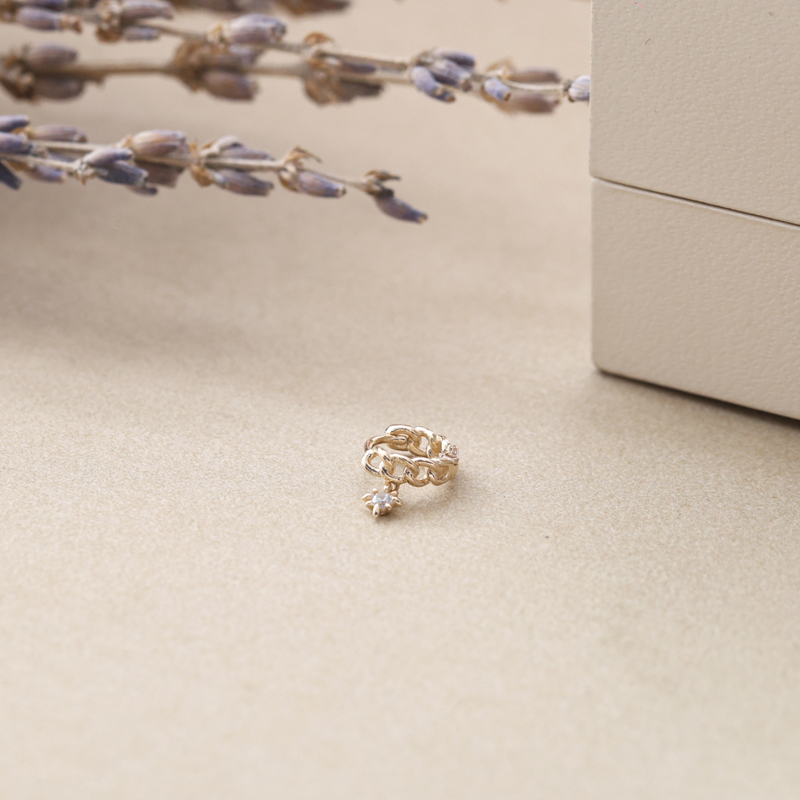 JinJewelry纯14K金耳骨环简约黄金镂空麻花锆石坠耳环小耳扣女款-图3