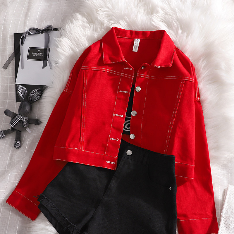 红色牛仔2020春秋新款韩版短外套 花胡猫短外套
