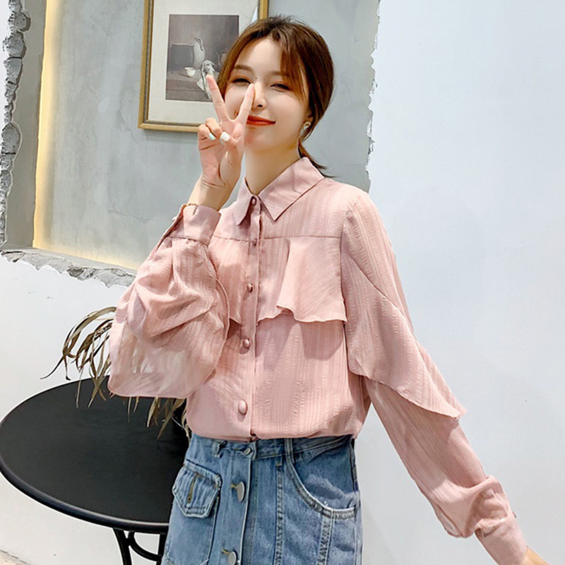 2020秋装新款洋气百搭荷叶边薄衬衫 花胡猫蕾丝衫/雪纺衫