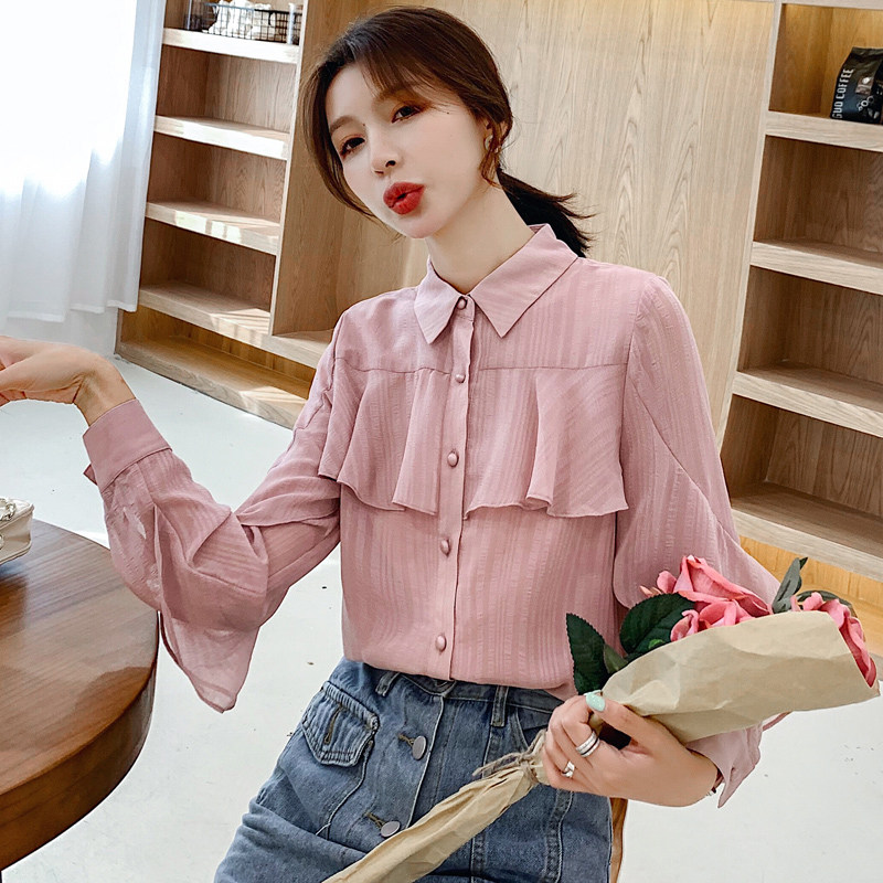 2020秋装新款洋气百搭荷叶边薄衬衫 花胡猫蕾丝衫/雪纺衫