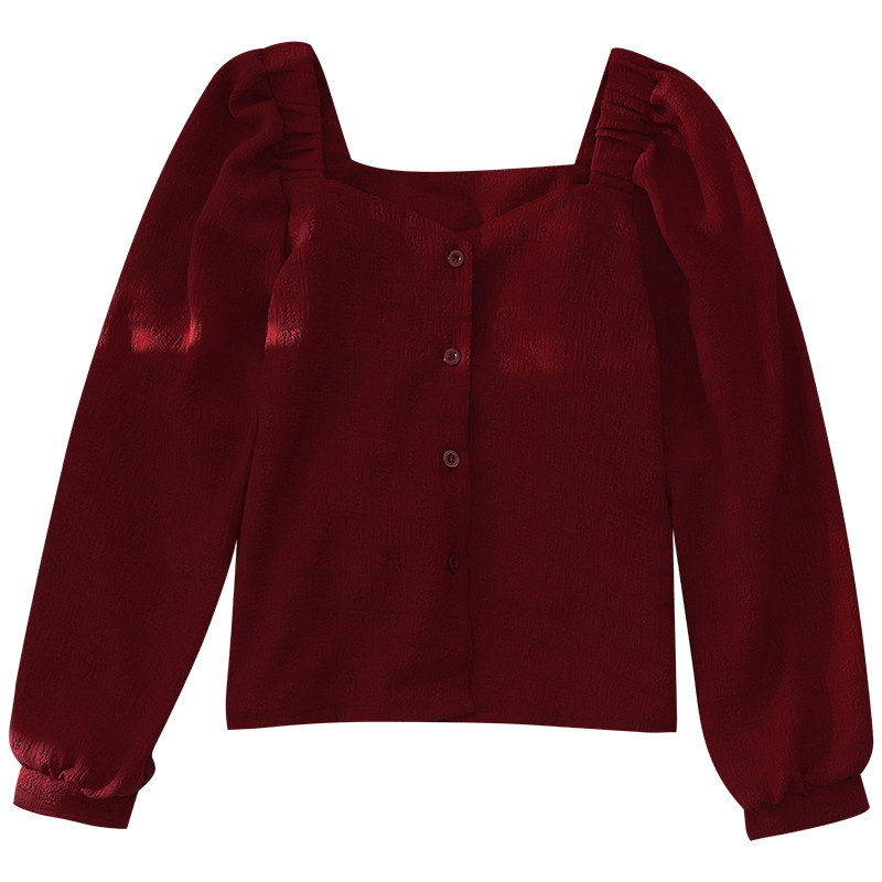 法式方领短款女2020早秋新款衬衫 花胡猫衬衫