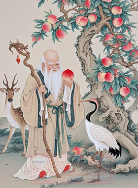 老寿星南极仙翁仙桃新中式墙贴画客厅玄关堂屋中堂装饰自粘新款