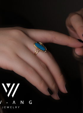 【YW】绿影金波 原创设计师品牌小众定制镀金长条绿松石金色戒指