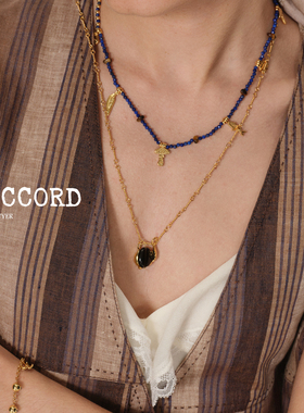 现货25AW新款DACCORD黑玛瑙椭圆金色叶片雕刻多吊坠项链小众
