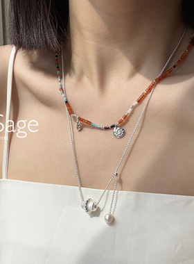 现货Ensage日本纯银吊坠橙色混色琉璃珠串珠链级小众复古项链
