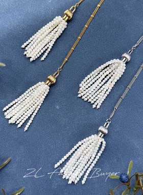 现货DACCORD烟花白贝母串珠流苏镀金银色超长款项链毛衣链