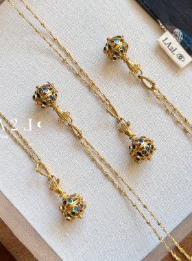 现货LA2L法国珐琅彩色碧玺宝盒长款毛衣链项链纯手工雕刻POUR TOI