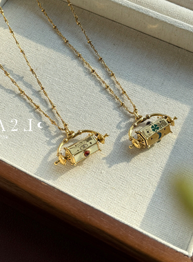 现货LA2L法国六面卷轴彩色宝石纯手工雕刻立体复古项链POUR TOI