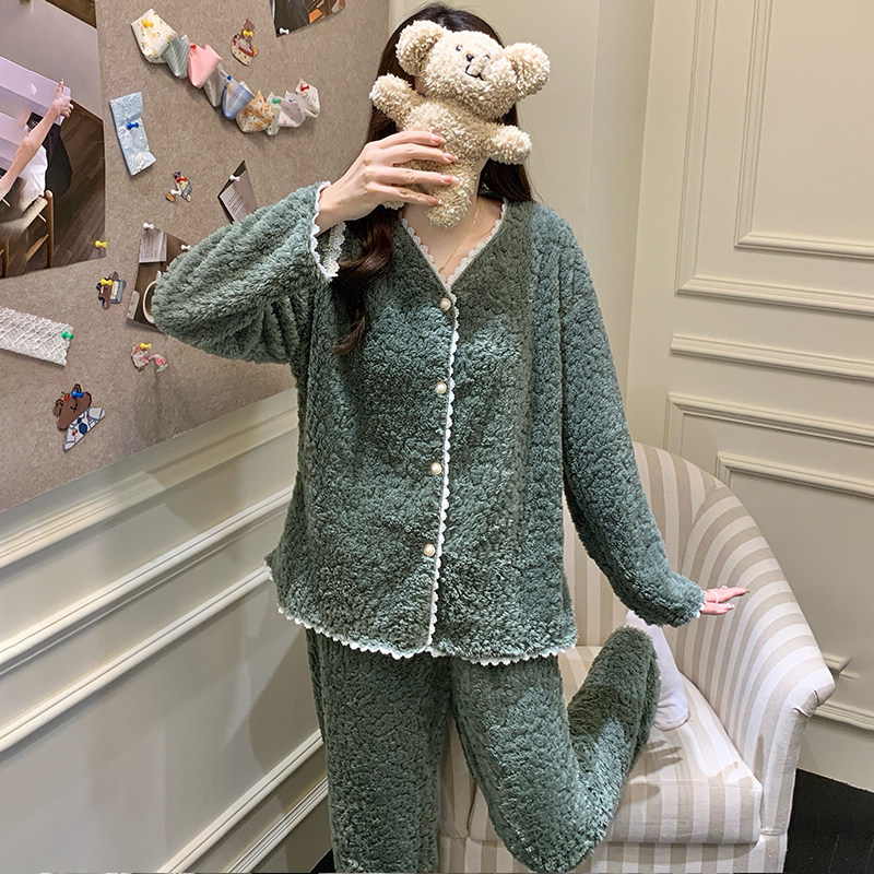 2025新款珊瑚绒睡衣女冬开衫加绒加厚小香风轻奢家居服法兰绒套装 - 图3