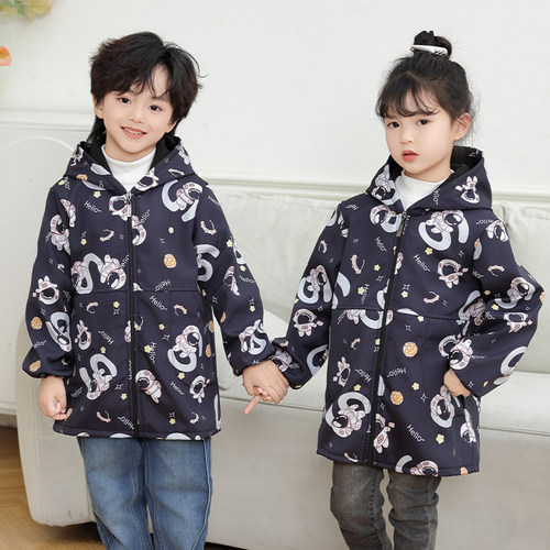 新款儿童罩衣加绒加厚长袖围裙连帽防水防油厨房绘画幼儿园护衣 - 图0