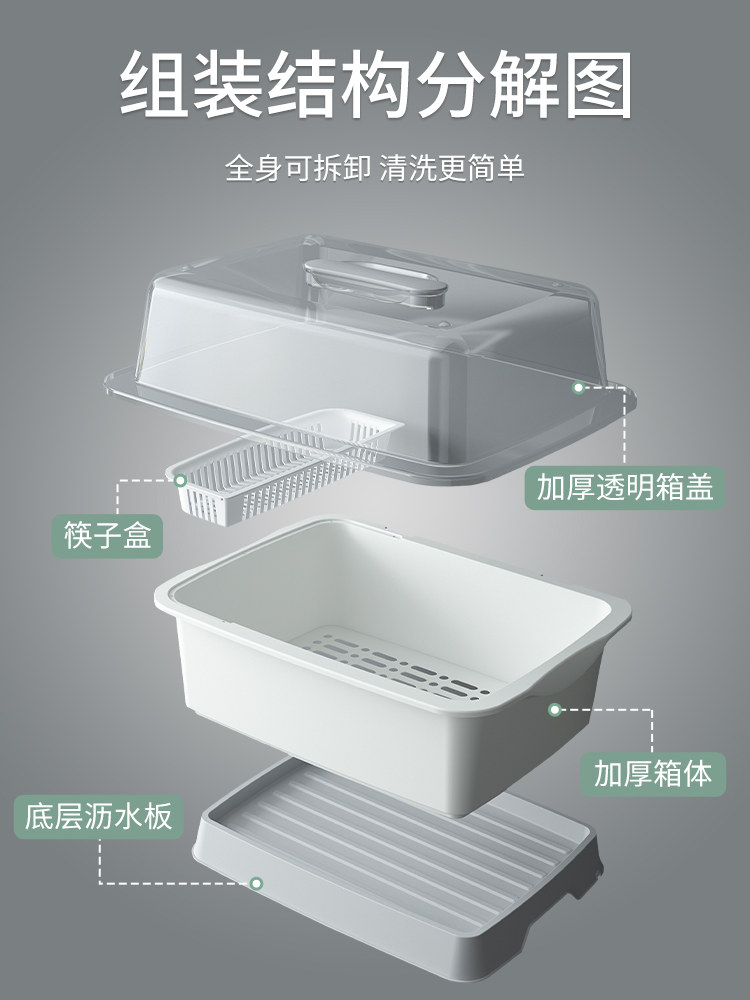 厨房沥水碗架带盖装碗筷餐具收纳盒滤水大容量晾碗碟架柜箱置物架 - 图2