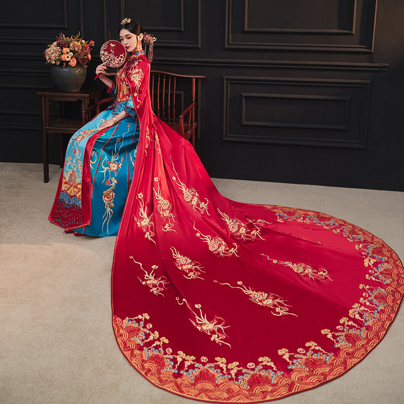 秀禾服2020新款拖尾秀和服中式婚纱 花作衣旗袍