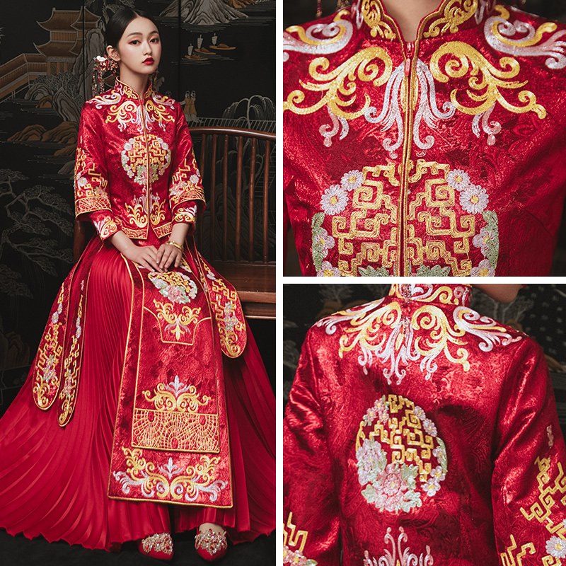 秀禾服2022新款结婚礼服新娘秀婚纱 花作衣旗袍