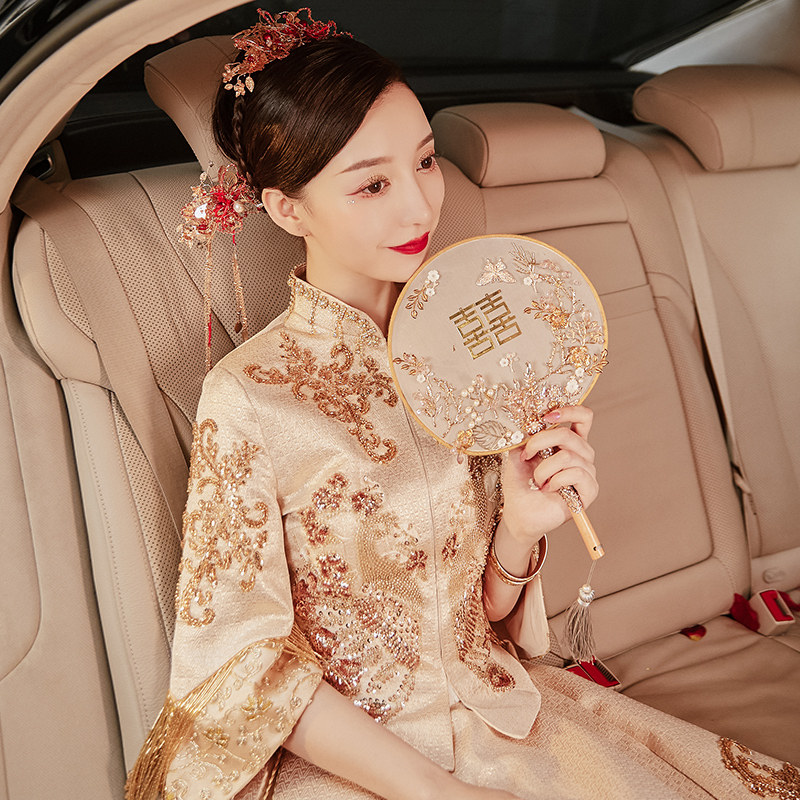 秀禾服2020新款秋季新娘中式秀婚纱 花作衣旗袍